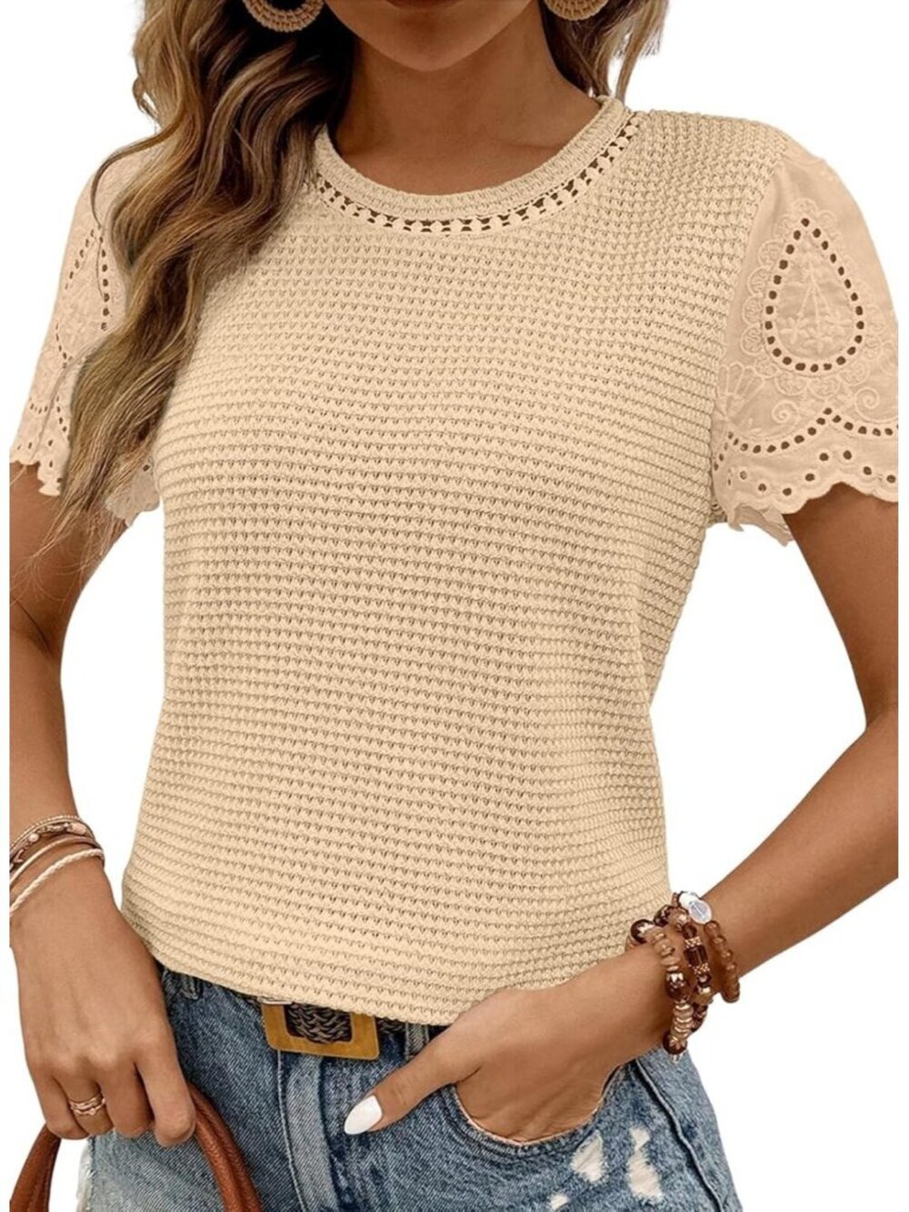 Women's Apricot T Shirts Frenchy Summer Tops Crewneck Short Sleeve Top Shirts